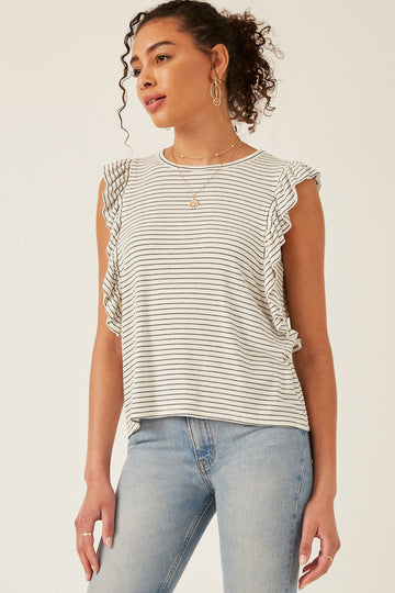 HY6018 Off White Womens Ribbed Stripe Ruffled Tank Side